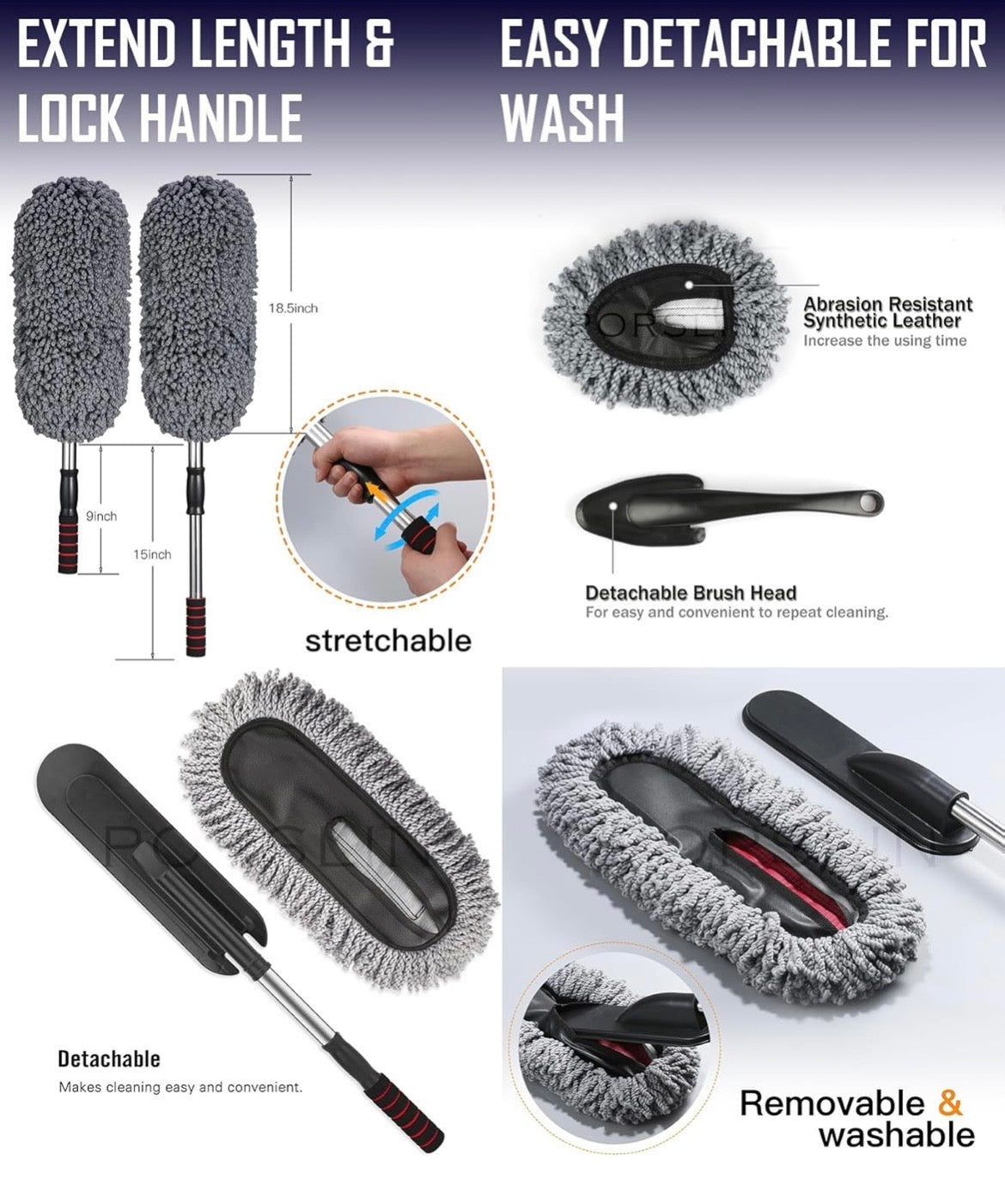 4 Pcs Microfibre Car Duster Kit – Microfiber Duster with Extension Rod, Interior Cleaning Brush, Soft Detailing Brush & Hand Duster for Car, Bike & Home Cleaning