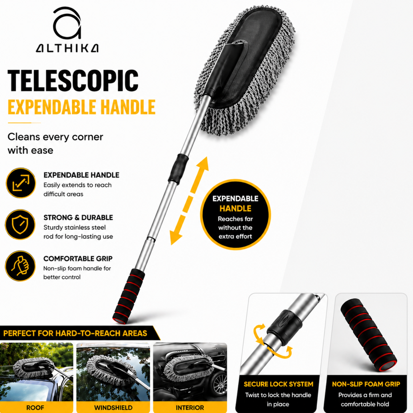 4 Pcs Microfibre Car Duster Kit – Microfiber Duster with Extension Rod, Interior Cleaning Brush, Soft Detailing Brush & Hand Duster for Car, Bike & Home Cleaning