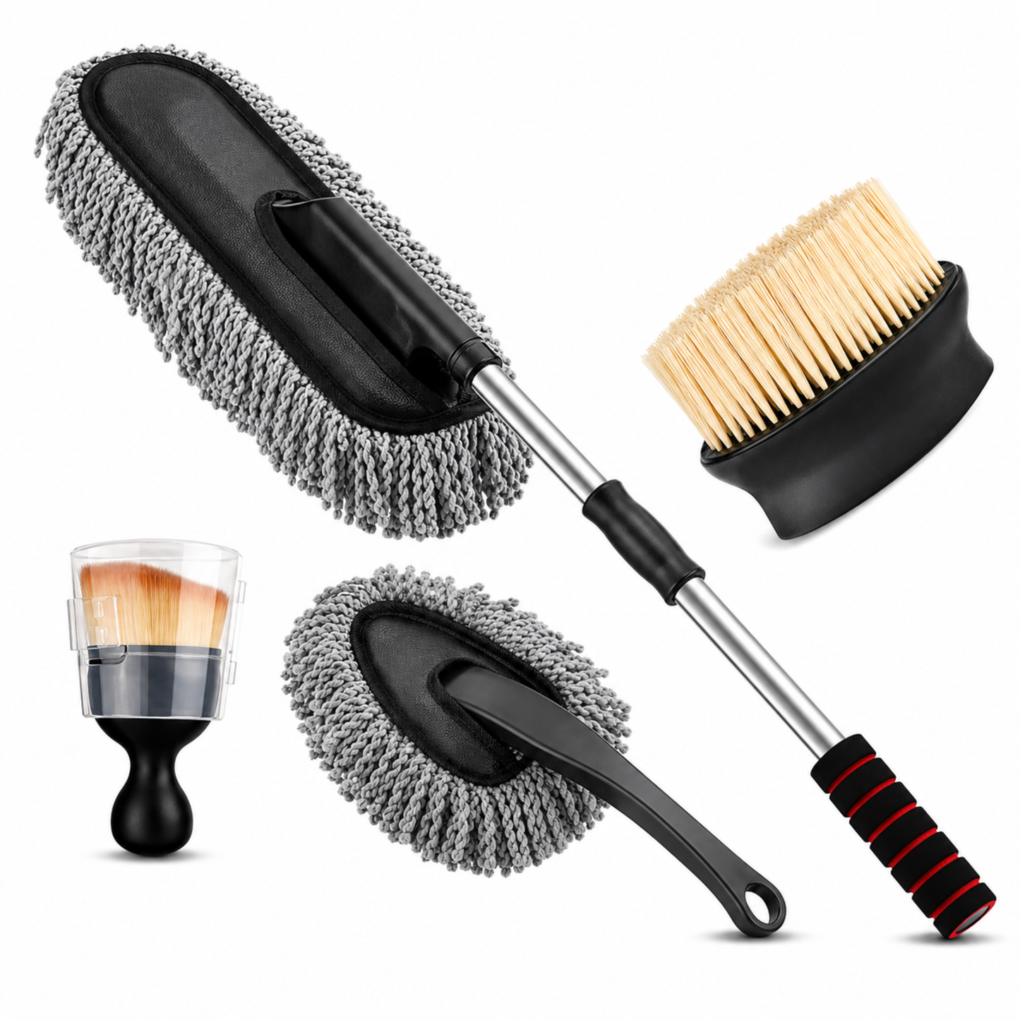 4 Pcs Microfibre Car Duster Kit – Microfiber Duster with Extension Rod, Interior Cleaning Brush, Soft Detailing Brush & Hand Duster for Car, Bike & Home Cleaning
