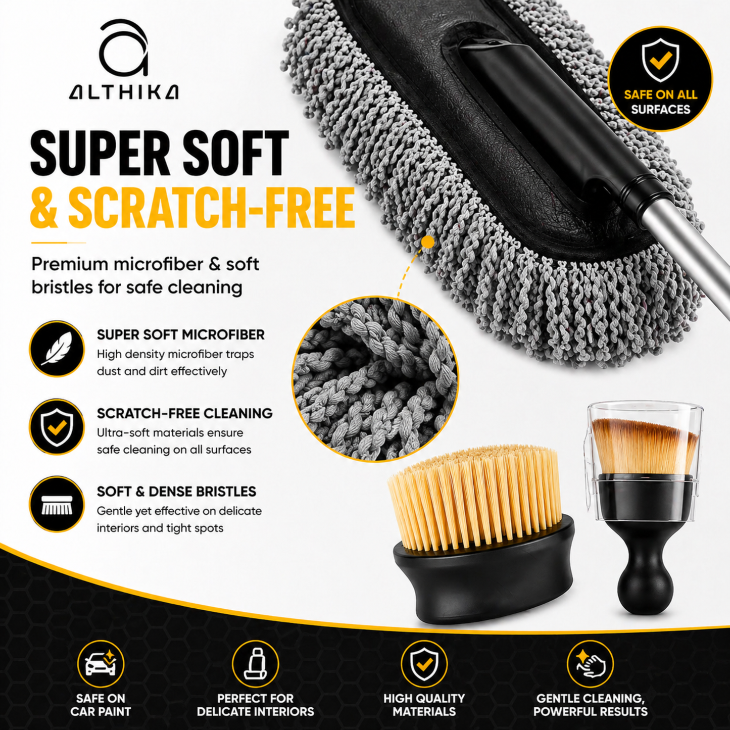 4 Pcs Microfibre Car Duster Kit – Microfiber Duster with Extension Rod, Interior Cleaning Brush, Soft Detailing Brush & Hand Duster for Car, Bike & Home Cleaning