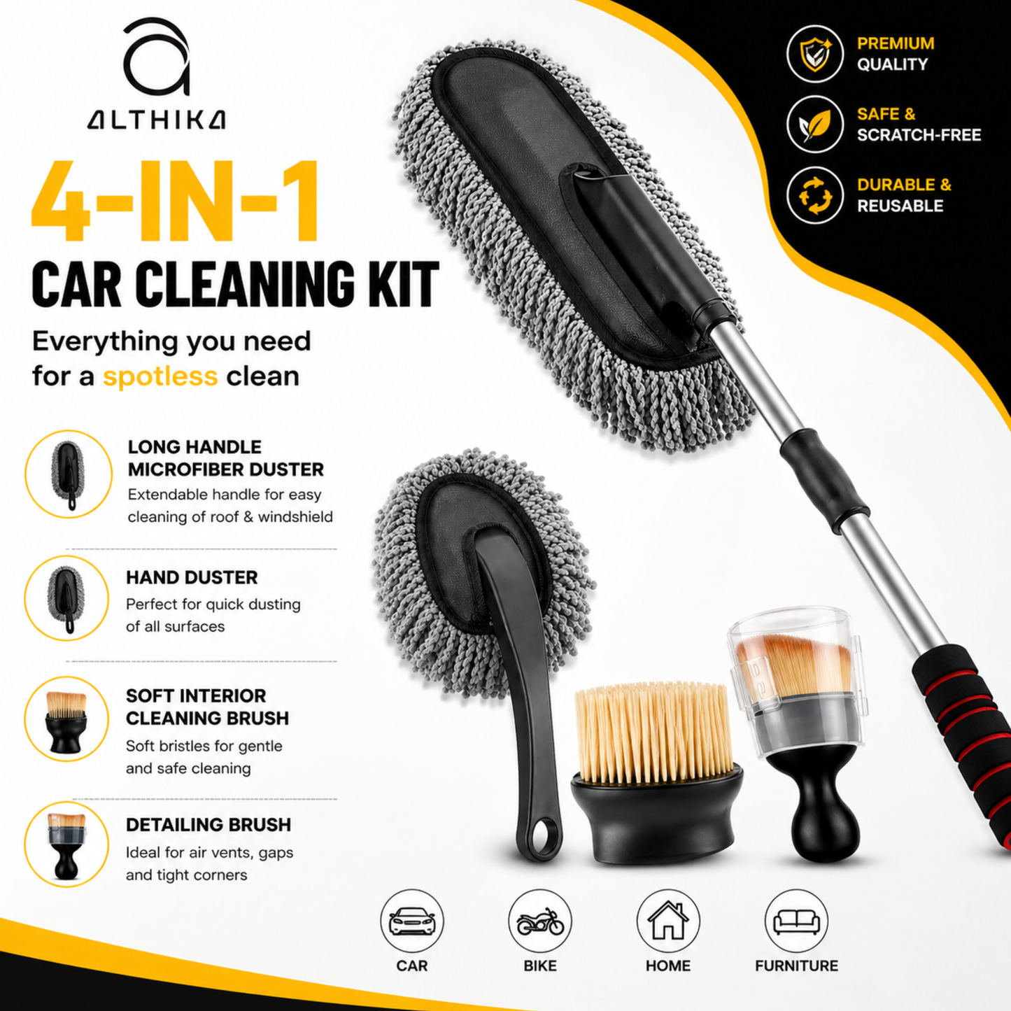 4 Pcs Microfibre Car Duster Kit – Microfiber Duster with Extension Rod, Interior Cleaning Brush, Soft Detailing Brush & Hand Duster for Car, Bike & Home Cleaning